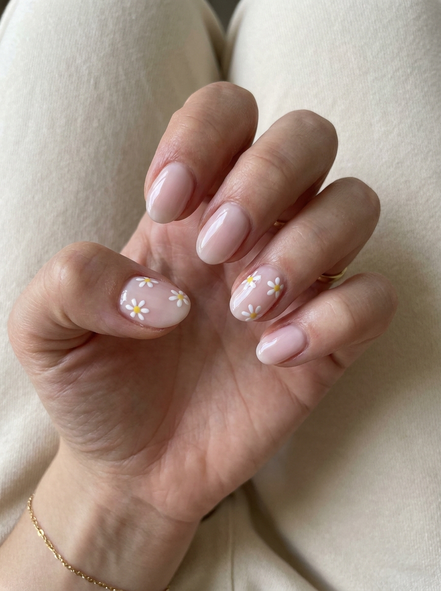 Short Daisy Summer Nails mit kleinen weißen Gänseblümchen